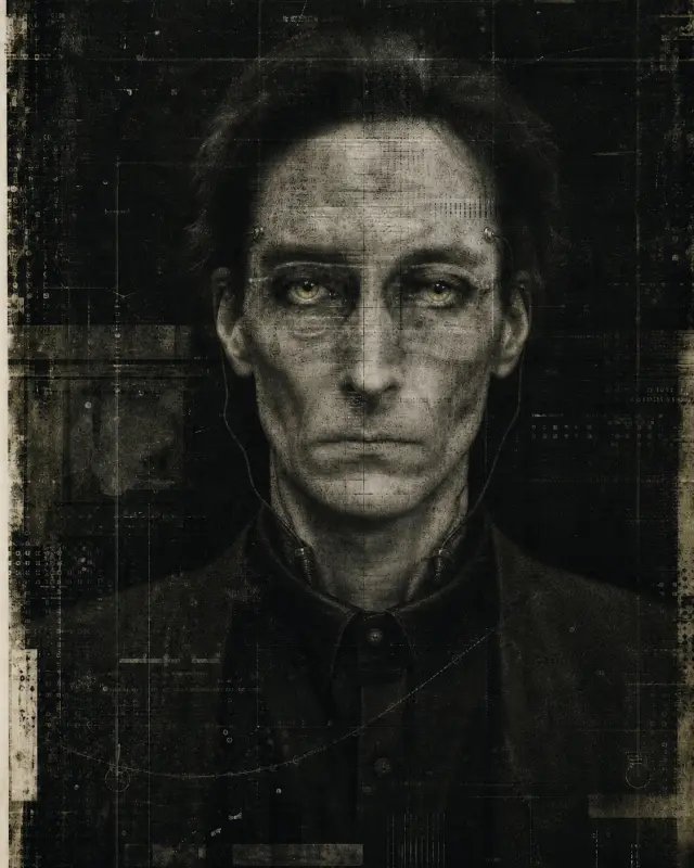 M. C. Ravelin represented as a dark archival editor portrait with microfilm texture and index-like markings.